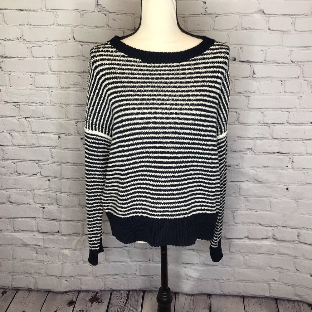 J. Brand Navy and Ivory Striped Dropped Shoulder Pullover Sweater Medium